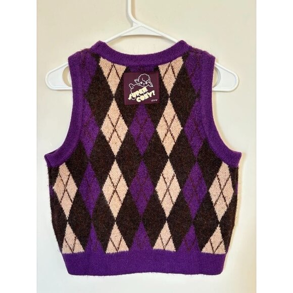 LEVIS Deja Vu Sweater Vest Womens Size XS Purple Brown Argyle Super Cozy Plush - Picture 3 of 8